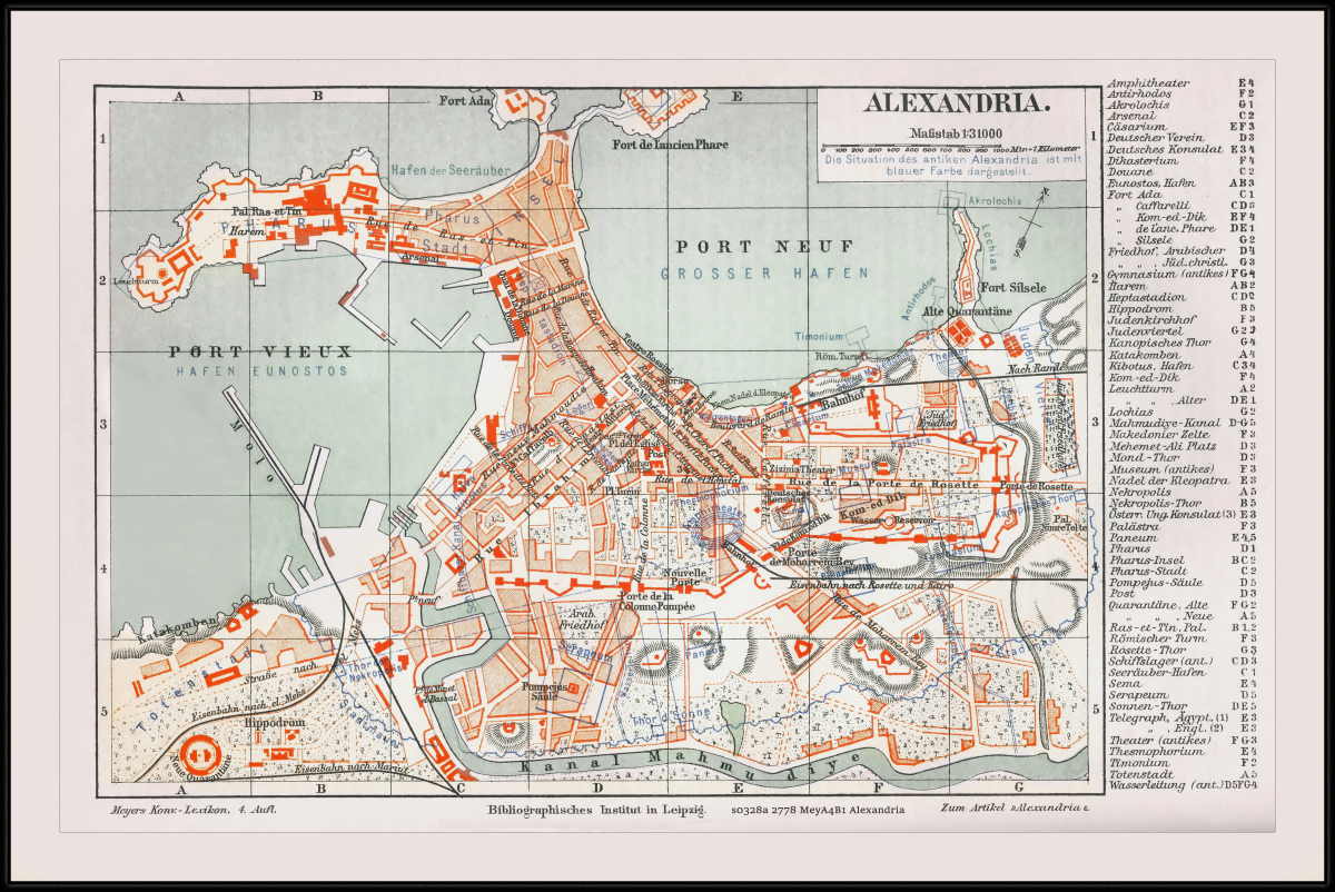 Alexandria Map - Alexandria Karte Meyers Konversations-Lexikon Erster Band Jahr 1885. ©