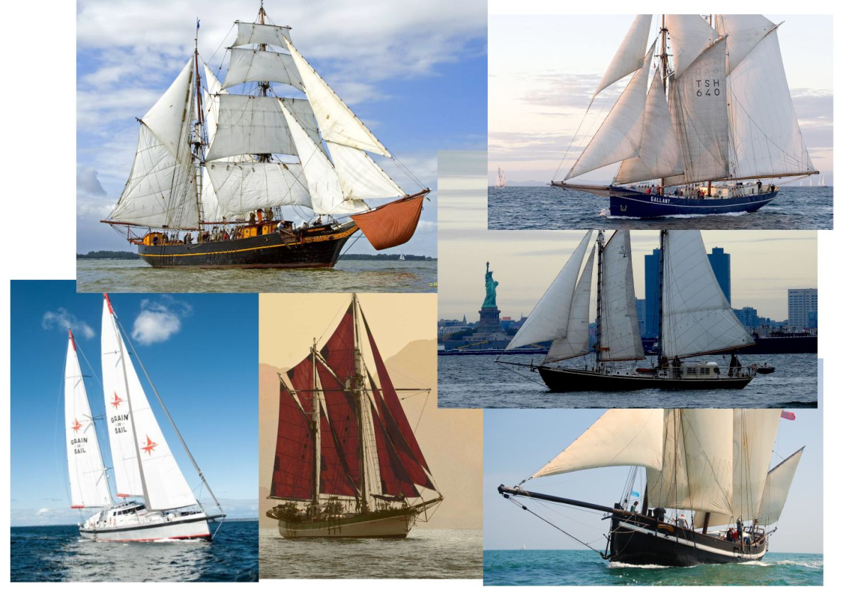 A collage of several active Sail Cargo vessels, Grain de Sail, Tres Hombres, Gallant, Apollonia, Grayhoud, Vega.