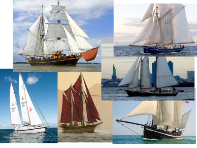 A collage of several active Sail Cargo vessels, Grain de Sail, Tres Hombres, Gallant, Apollonia, Grayhoud, Vega.